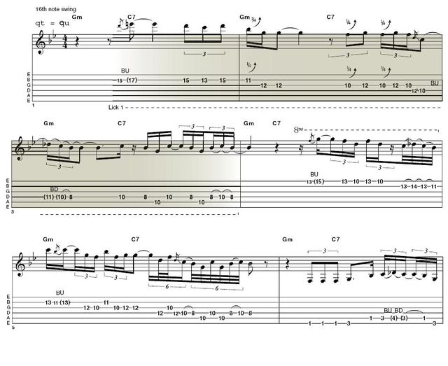 Lick 1: Larry is a huge BB King fan and this first lick is a big nod to BB. Note the large bend up to the b7 that starts the piece, as well as other sneaky little bends, along with the slightly staccato picking in places that adds so much to the dynamics. There's a lot of playing information in this one lick.